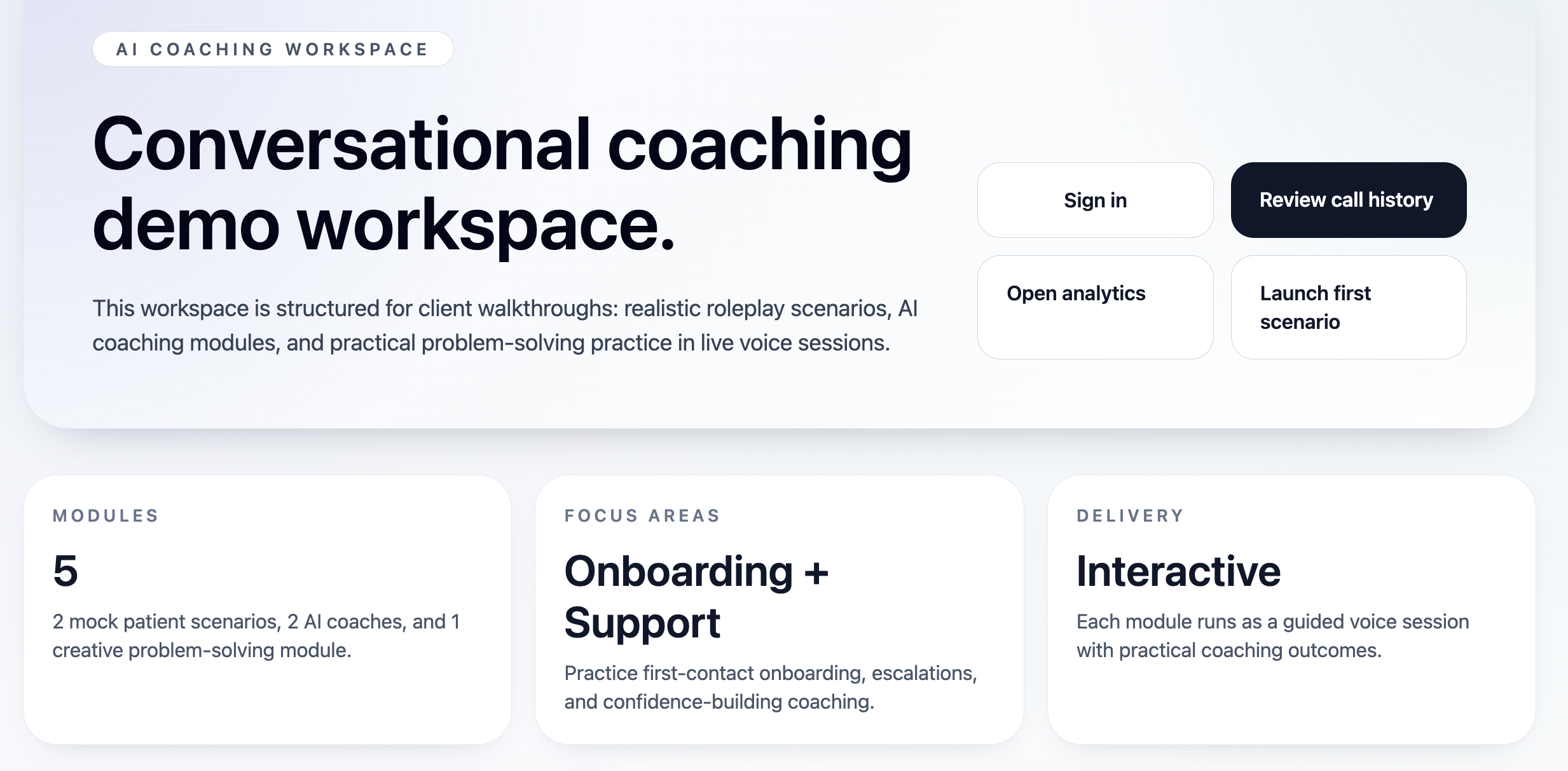 Conversational coaching workspace interface